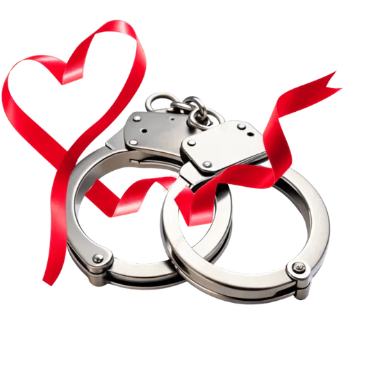 Silver handcuffs tied with a red ribbon heart
