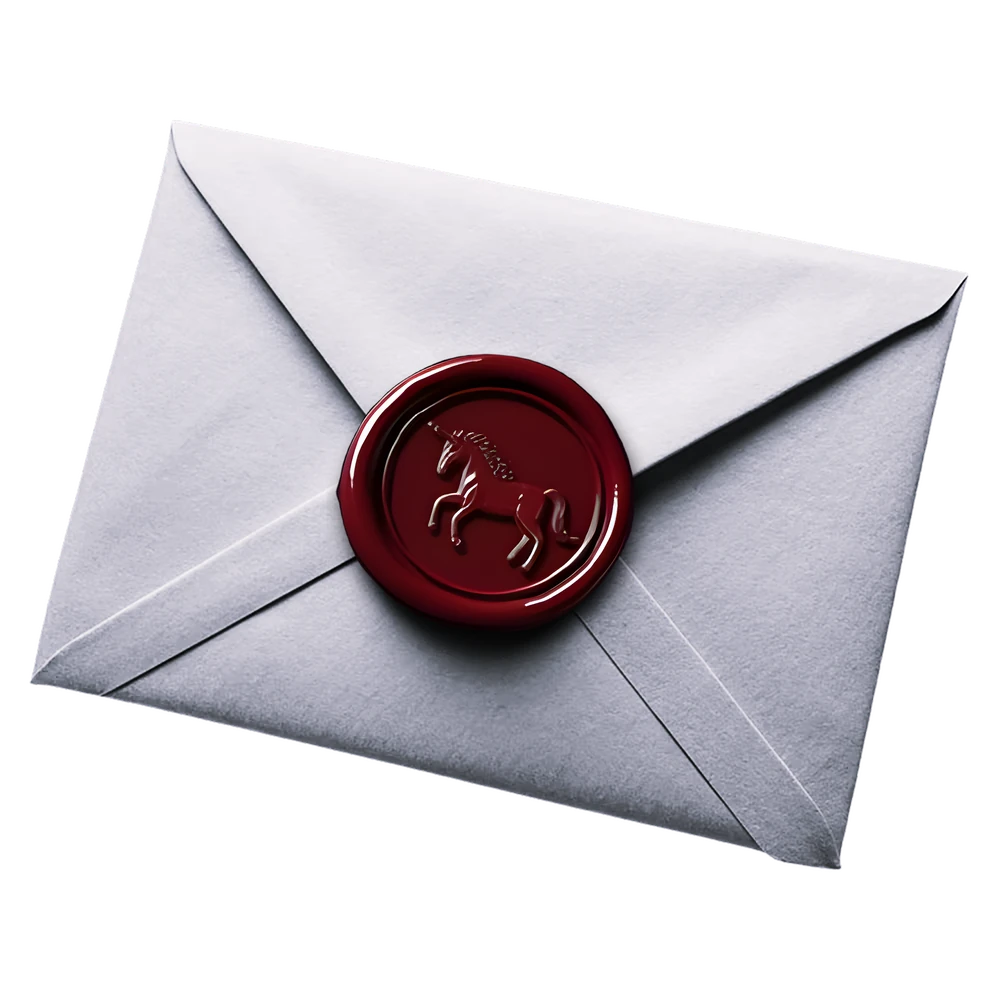 White envelope sealed with a wine-red wax seal stamped with the Fantasi unicorn