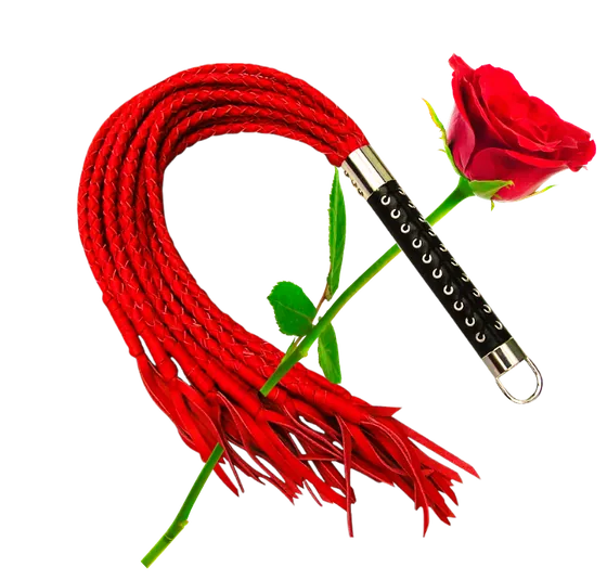 Red braided flogger crossed with a long-stemmed red rose